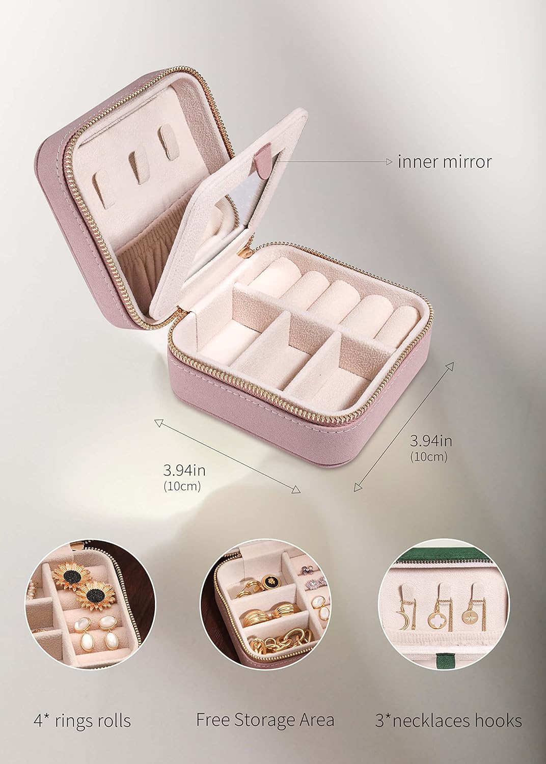 S.Leaf Travel Jewelry Organizer Travel Jewelry Boxes for Women Small Jewelry Travel Case Box Portable Travel Jewelry Case Travel Case Mini Jewelry (05_Suede_Touch_Dust_Pink)