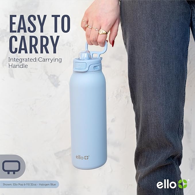 Ello Pop & Fill 32oz Stainless Steel Water Bottle with Quick Fill Technology, Double Walled and Vacuum Insulated Metal, Leak Proof Locking Lid, Sip and Chug, Reusable, BPA Free, Cherry Breeze