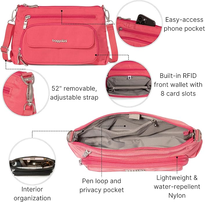 Baggallini Original Everyday 11x7.5 Crossbody Bags Rfid Protected Lightweight Nylon Zippered Travel Purse