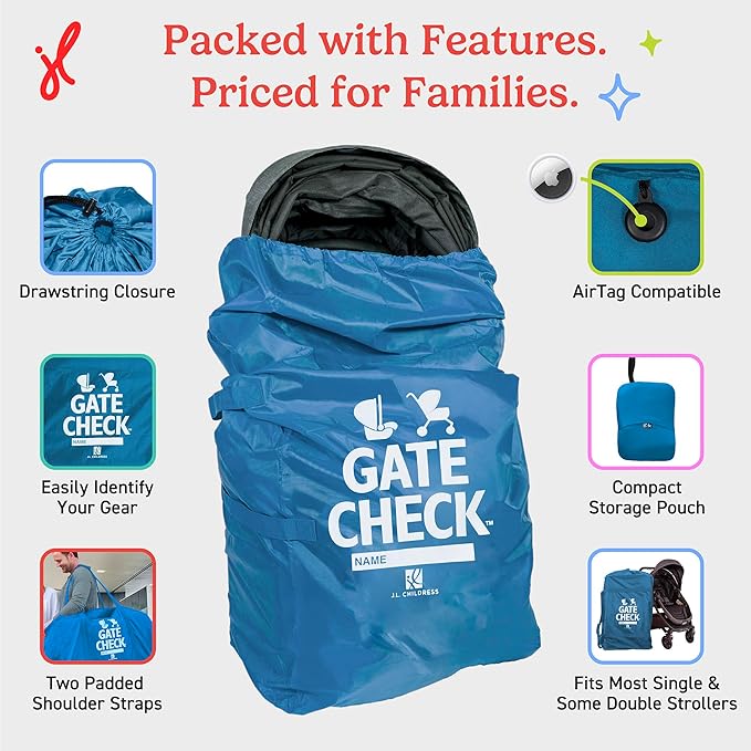 J.L. Childress Gate Check Bag for Single & Some Double Strollers - Travel Bag for Airplane, Fits Most Standard Baby Strollers, Airport Accessories Gate Check, Flying Essentials - Deluxe, Blue