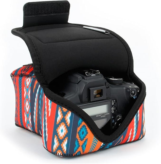 USA Gear Camera Sleeve (Medium) for Compact SLRs Compatible with Canon EOS R100 Nikon Z30 Sony ZV-E10, and more - Padded Neoprene DSLR Case with Zipper Accessory Pocket & Belt Loop (Southwest)