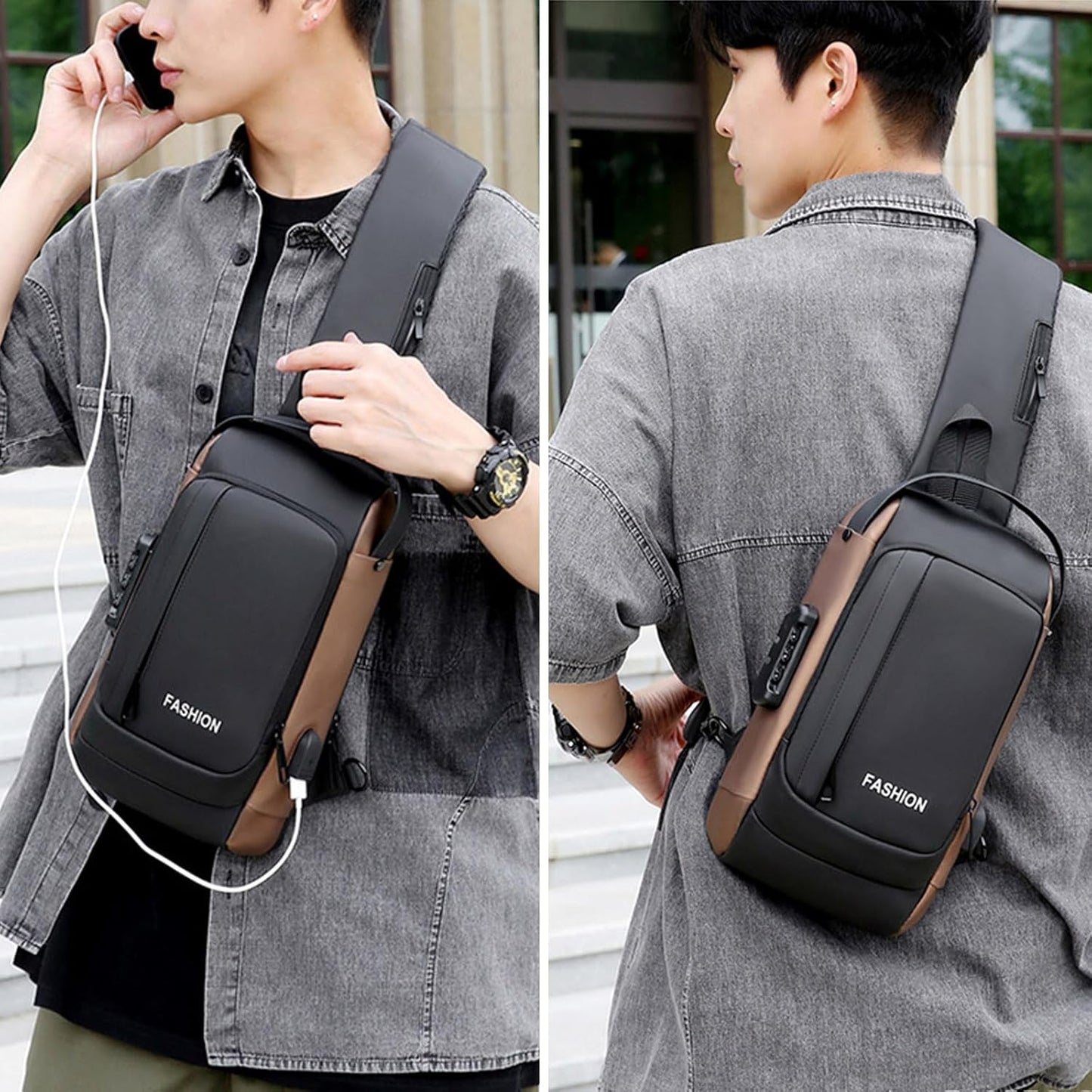 Sling Bag for Men Anti-theft USB Crossbody Shoulder Backpack Purse Waterproof PU Leather Chest Bag Travel Daily Use