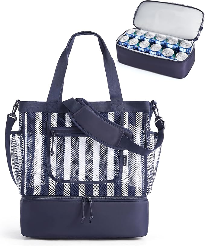 BAGSMART Beach Bag for Women, Mesh Tote Bags with Zipper, Sandproof Vacation Essentials with Cooler for Swim Cruise Pool