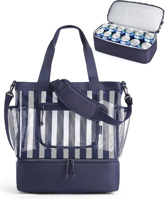 BAGSMART Beach Bag for Women, Mesh Tote Bags with Zipper, Sandproof Vacation Essentials with Cooler for Swim Cruise Pool