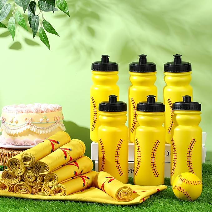 24 Pcs Sport Party Favors Include 12 Pcs 20 oz Plastic Soccer Football Basketball Water Bottles Bulk 12 Pcs 40"x12" Softball Baseball Cooling Towels for Soccer Sport Team Gift
