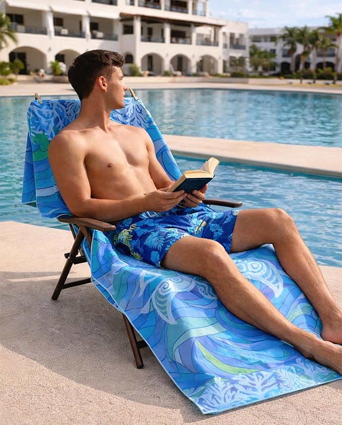 Microfiber Beach Towel Oversized 71X32" Thin, Reversible, Large, Lightweight, Quick Dry, Sand Free, Absorbent, Swim, Pool, Cruise, Compact Travel Towel, Camping, Beach Blanket, Carry Bag, Turtle