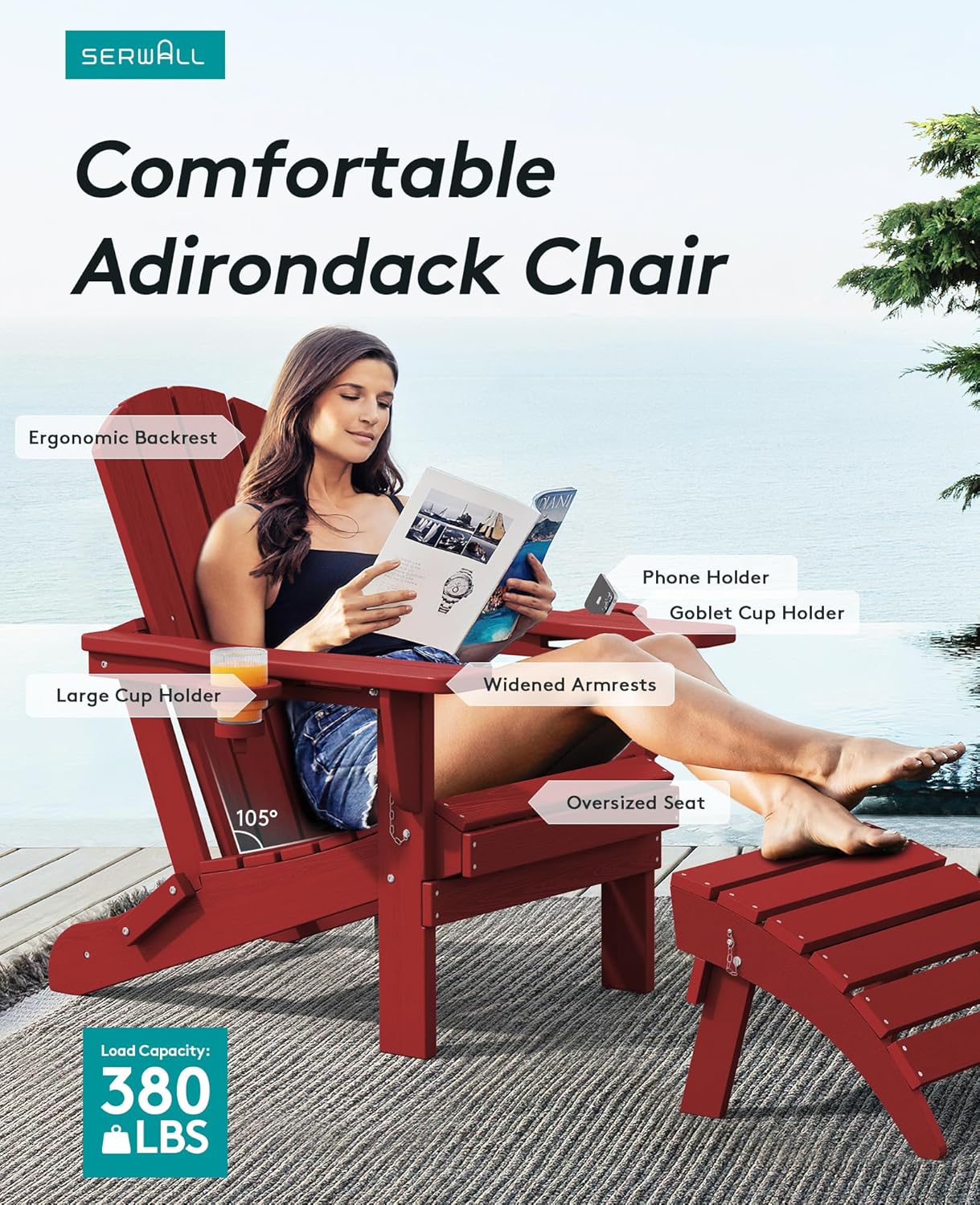 SERWALL Adirondack Chair with Cup Holders - Composite Adirondack Chairs Set of 4 HDPE Outdoor Chairs All Weather Use- Dark Red