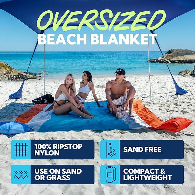 SUN NINJA Sand Proof Beach Blanket - Sand Free Beach Mat, Lightweight & Quick Dry Beach Essentials with Travel Bag, Giant Beach Blanket (10'x9') Perfect for Outdoors, Picnic, Camping & Travel
