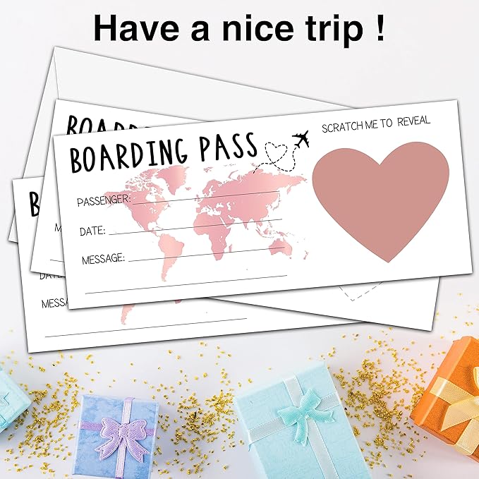 AWSICE Scratch Surprise Boarding Pass, 1 Set Make Your Own DIY Travel Ticket, Surprise Reveal Card for Holiday, Christmas, Wedding, Birthday, Anniversary, Party Supply(3.5"x8" Pink)-A003