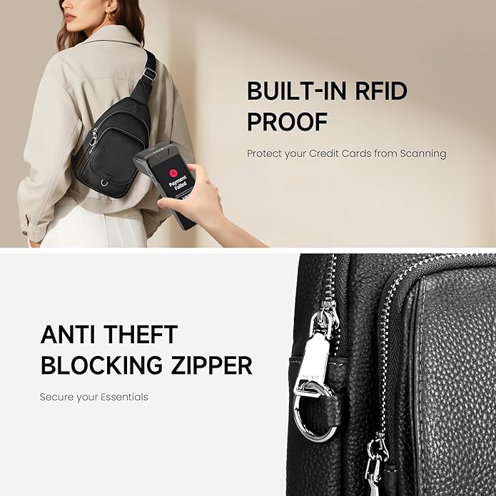 befen Anti Theft Genuine Leather Sling Bag for Women RFID Small Crossbody Bag Chest Bag Leather Fanny Packs for Travel