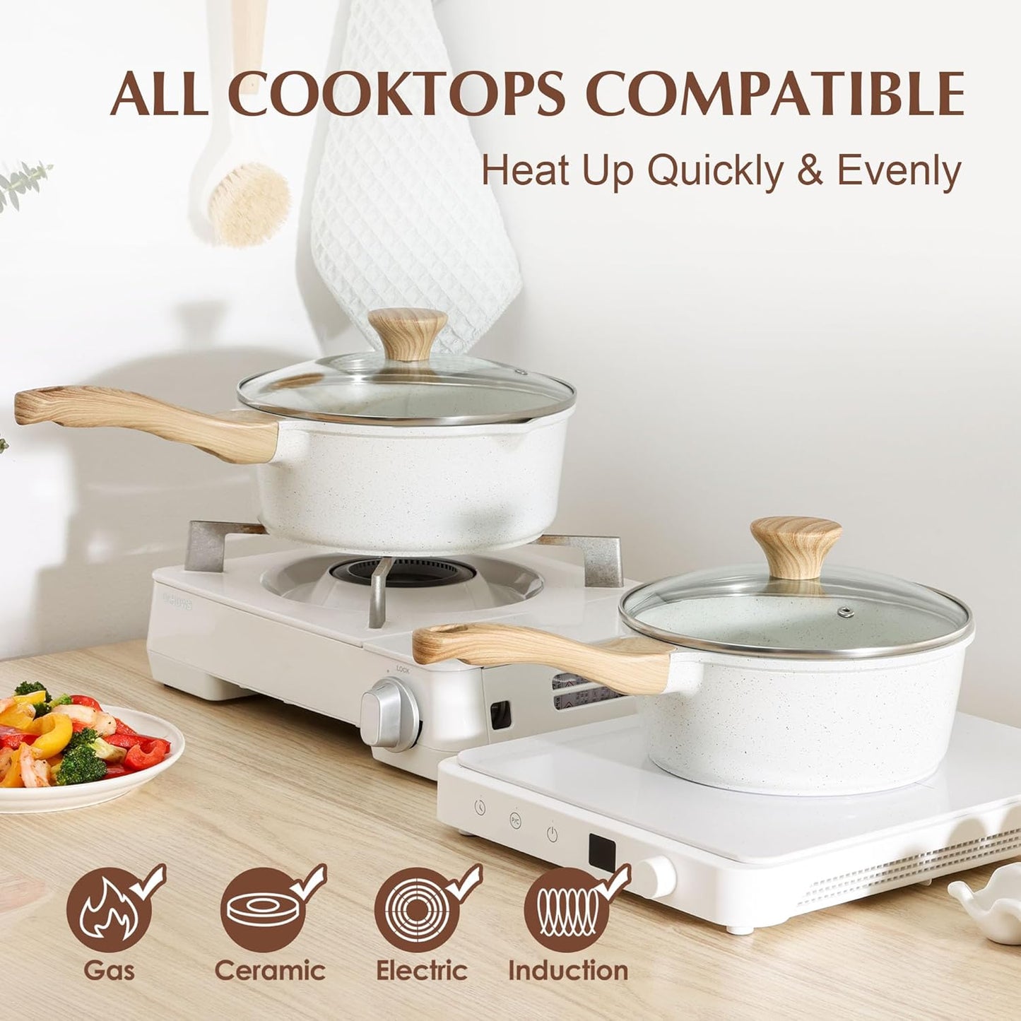 SENSARTE White Ceramic Nonstick Saucepan with Lid 2.5 Quarts, Medium Cooking Pot with Stay Cool Handle, Induction Compatible Saucepot, White Granite Coating, Free of Intentionally Added PTFE/PFOA/PFAS