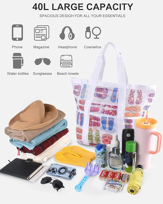 Genteen 40L Mesh Beach Bag, Foldable Sandproof Tote with Waterproof Pocket Quick Dry for Women Family Pool Vacation（White