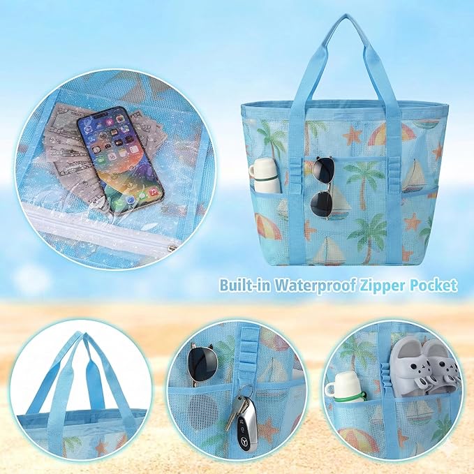 Mesh Beach Bags for Women - Family Beach Tote Bag for Toys, Towels, Travel Vacation Cruise Essentials