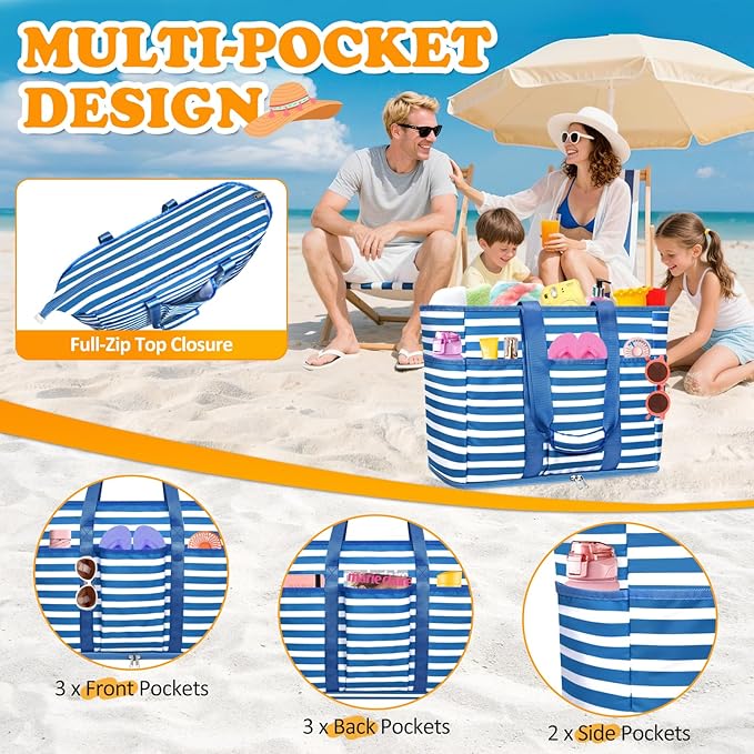 Large Beach Bag with Zipper, 12 Pockets Waterproof Sandproof Pool Bag Womens Mesh Beach Tote Bag for Travel Vacation