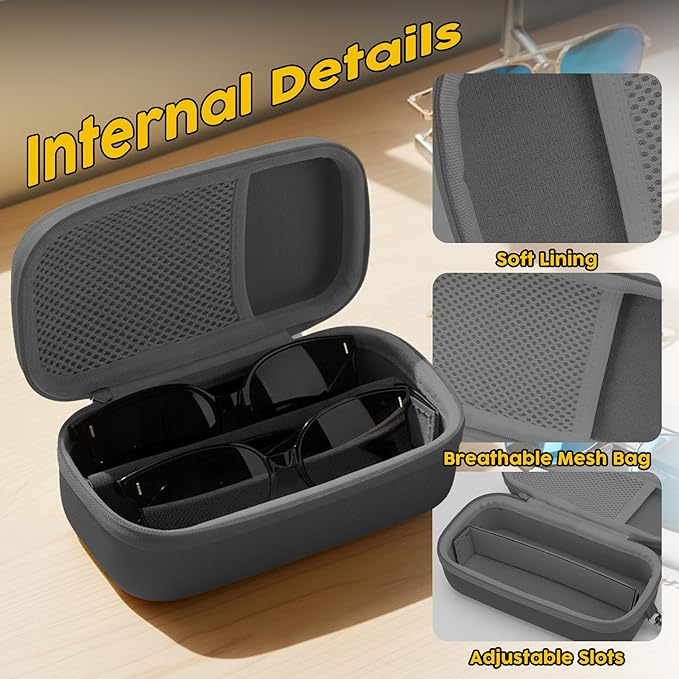 Double Eyeglasses Case,Hard Shell Glasses Case Travel Sunglasses Organizer with Adjustable Slot & Clip for Men Women