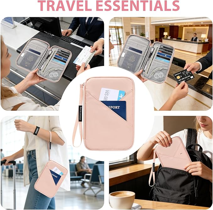 Veki Passport Holder for Travel Women Family, Passport Wallet Bag, RFID Travel Document Organizer, Waterproof Passport Holder for Men, Portable Case for Cards, Cash, Tickets, ID (Pink, L)