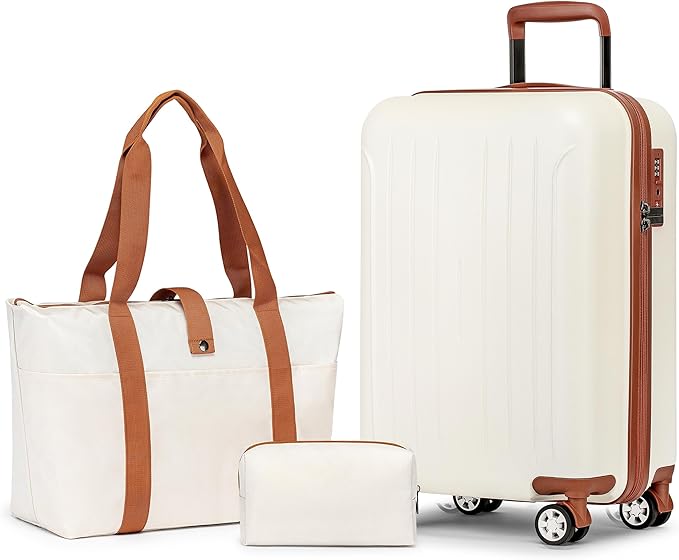 KYME Carry On Luggage Sets 3 Piece 20 Inch Suitcase Set with Duffel Bag ABS+PC Hardshell Travel Luggage with Spinner Wheels TSA Lock (Beige, 3Pcs Set)