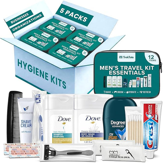 Trektote 12 Piece Men’s Travel Hygiene Kit with Toiletries & Grooming Essentials, TSA-Compliant, Clear Cosmetic Bag - Single or Bulk Packs