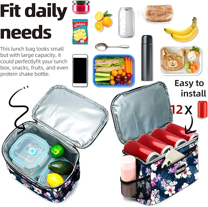 BEIMILY Lunch Box for Men/Women, Small Insulated Lunch Bag, Leak-Proof Soft Cooler Tote Bag, Reusable LunchBox for Work, Travel, Fitness, Picnic with Adjustable Shoulder Strap for Adults(floral white)
