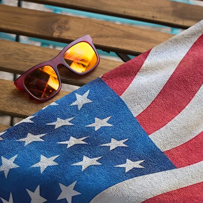 Waving USA Flag Beach Towel 30”x60” – 100% Cotton Velour, Highly Absorbent, Fast Drying, Easy Pack for Spring Break, Vacation, Beach, Pool, Sunbathing – Lightweight, Compact for Travel - Novelty Gift