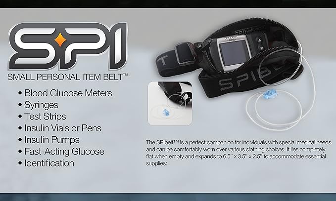 SPIbelt Diabetic Belt Men Women, T1D Diabetes Insulin Pump Epipen Waist Pouch, Medical Devices Accessories, Adjustable. Black with Black Zipper