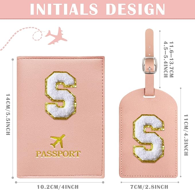 COSHAYSOO Passport Cover Holder and Luggage Tag Set with Initial Chenille Letter Patch A-Z for Women Teenage Girls, Vaccine Card Slot Travel Bag Suitcase Identifier Pink S