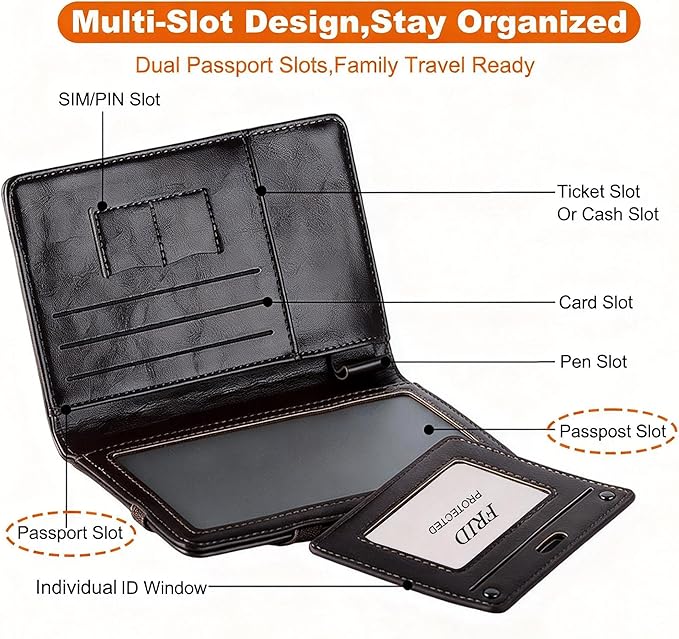 Genuine Leather Passport Holder Cover - RFID Blocking Travel Wallet & Passport Case with Pen Holder, Dual SIM Card Slots & Boarding Pass Pocket for Men & Women,Family Travel Essentials, Retro Style