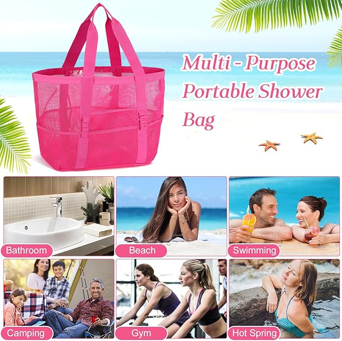 Hillban Large Beach Mesh Bags Bulk for Women Beach Tote Bag with 8 Pocket Zipper Waterproof Sandproof for Pool Cruise Ship