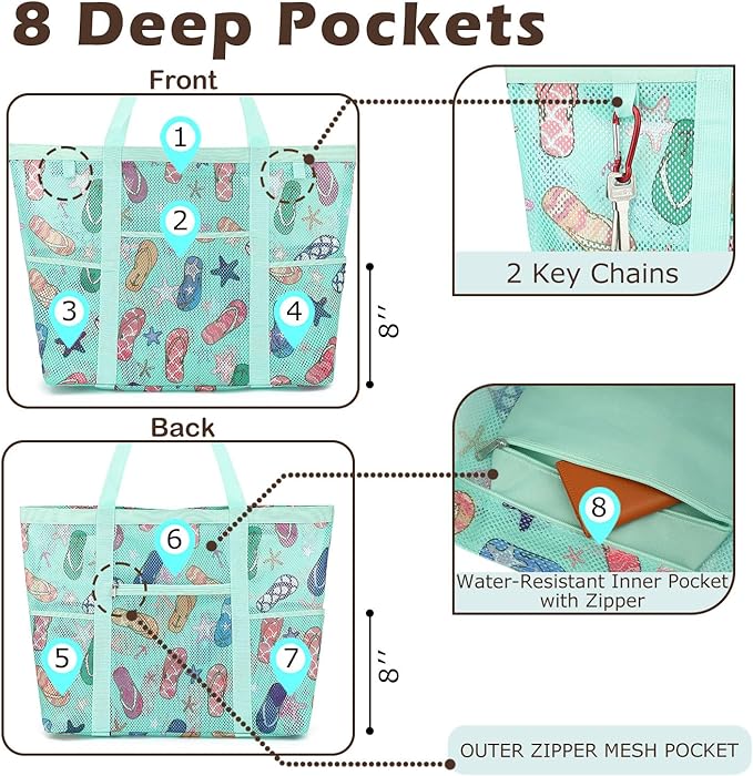 Mesh Beach Bag with Zipper, Large Beach Tote for Women, Toys Pool Swim Bag Travel Vacation Cruise Essentials