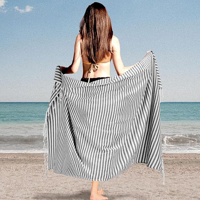 Turkish Striped Beach Towels Bulk Oversized 39"x71" Large Bath and Pool Set Quick Dry Lightweight Travel Towel for Adult,100% Cotton TEBT-18-1black