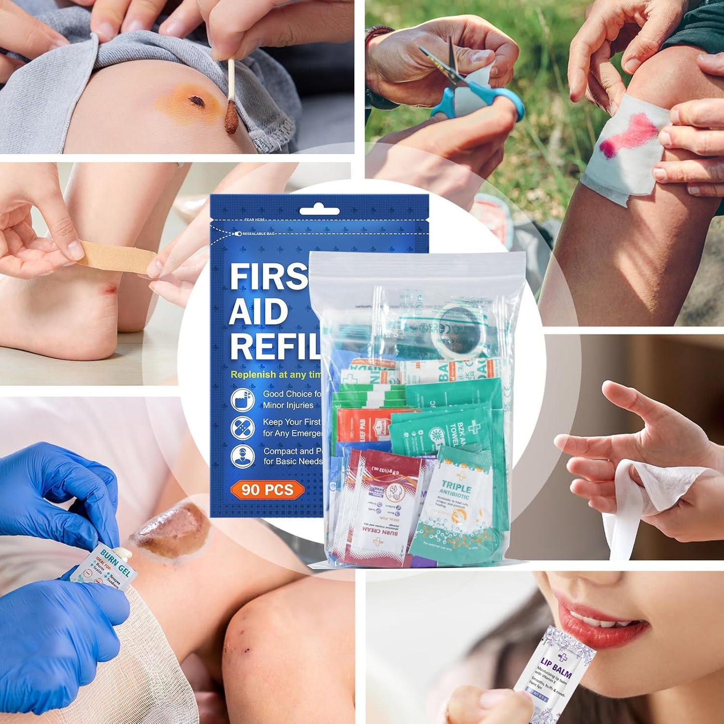 90 Pieces First Aid Refill Kit - Wound Care Kit Includes Bandages for Home, Travel, Hiking - Portable Replacement Kit for First Aid Medical Supplies（1 Set）