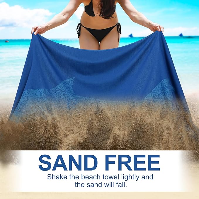 Genovega Oversized Cotton Turkish Beach Towels 72"x36" Lightweight Quick Dry Sandless Pool Swim Towel Large No Sand Compact Blanket Adult Travel Essentials Cruise Accessories Must Haves Blue Shark