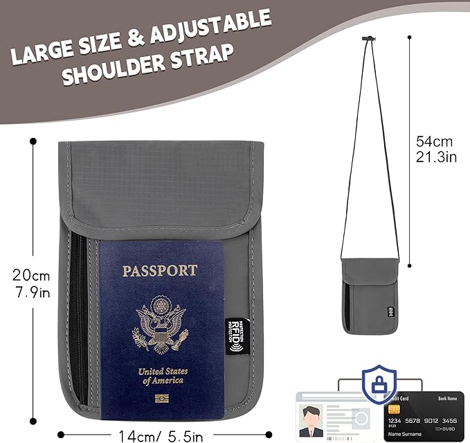 5.5" L x 7.9" W Travel Neck Wallet, RFID Blocking Passport Holder, Security Lightweight Passport Travel Wallet, Neck Pouch Gifts for Women Men(Grey)