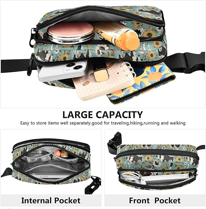 Kawaii Cow Sunflower Fanny Pack for Women Men Water Resistant Fashion Waist Packs with Adjustable Strap Belt Bag for Travel Workout Jogging Hiking 21220220