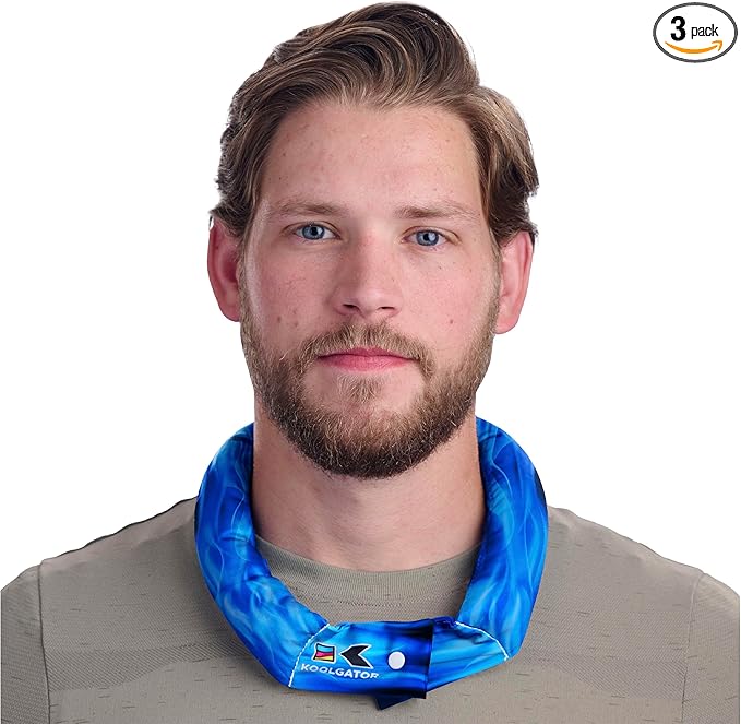 KOOLGATOR Evaporative Cooling Neck Wrap – Reusable Neck Cooler with Long Lasting Relief During Hot Weather Activities, Sports, & Outdoor Work, Flames: Blue & Red, 3 Pack