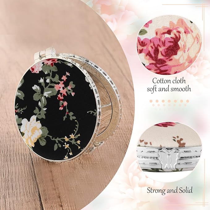Blulu 9 Pcs Vintage Floral Compact Mirror for Purse Bulk Small Folding Pocket Mirror Portable for Women Christmas Makeup Beauty Gifts, Round Square Heart(Silver,Peony Pattern)