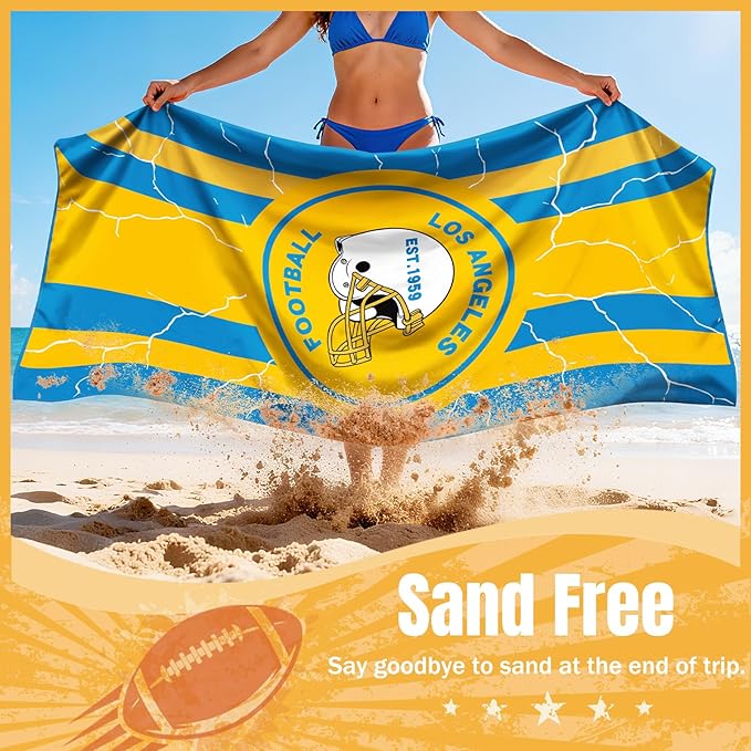 Football Fan Thin Lightweight Microfiber Beach Towel Themed Los Angeles Large Sand Free Oversized Portable Towels Men Women Gear Chargers Team Boyfriend Valentines Anniversary Gag Fun Nice Gifts