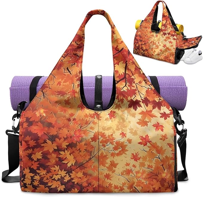Fall Maple Leaf Gym Bag for Women Yoga Mat Holder Lightweight Sports Duffle Bag with Shoes Compartment Large Tote Bags with for Yoga Travel Hospital Weekender Gifts for Thanksgiving