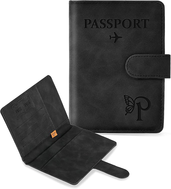 COSHAYSOO Initial RFID Passport Cover for Women Passports Book Holder Case Air Travel Essentials Airplane Flight Accessories Airline Plane Flying Must Haves Traveler Gifts Butterfly Letter Black P