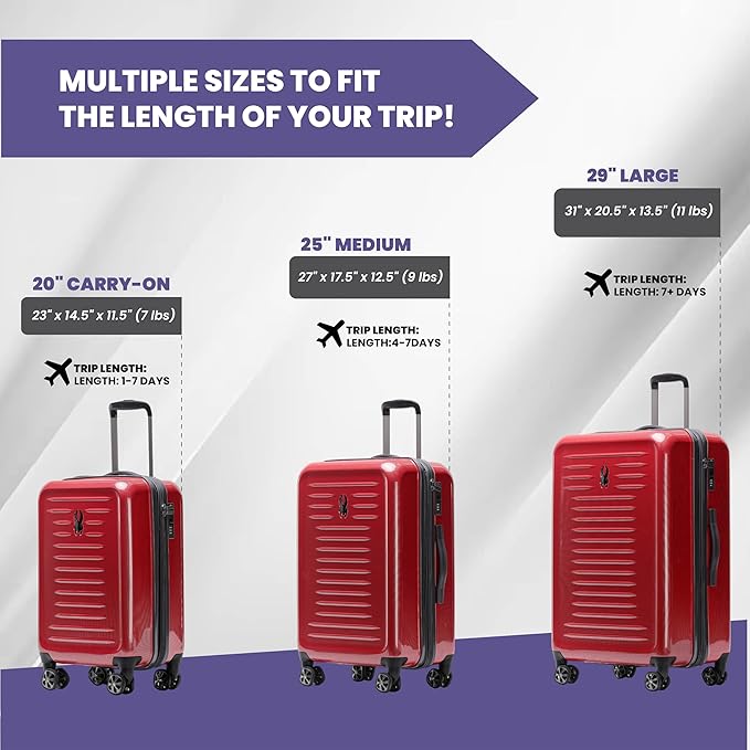 Spyder Rails Expandable Hardside Upright Suitcase with 360° Spinner Wheels, TSA Approved Lock (Red, 3-Piece Set)