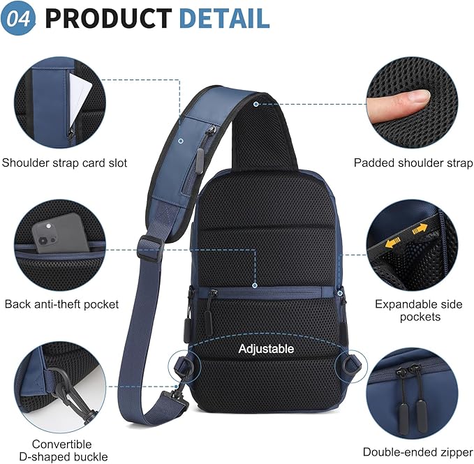 Men's Sling Bag, Convertible Anti Theft Sling Backpack, 11" One Shoulder Crossbody Backpack with USB Charging Port for Working Travel Daily, Dark Blue
