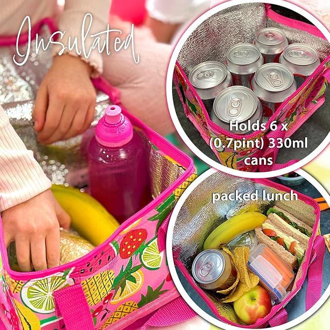 Fashion Stationery Insulated Lunch Bag Kids Lunch Box Folding Reusable Lunchbags for Girls or Boys Lunch Box for School, Beach or Travel Small Cooler or Picnic Coolers (Pink)