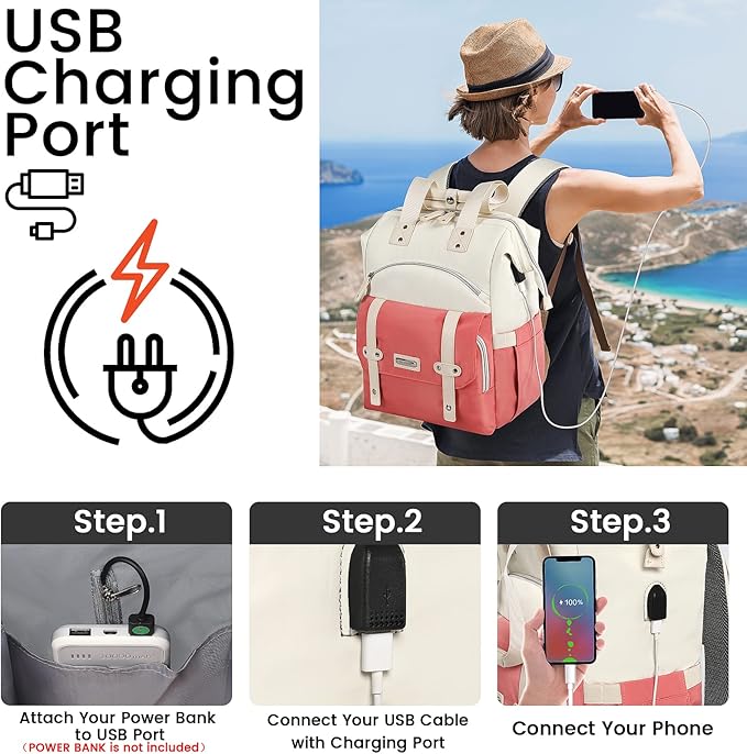 FALANKO Laptop Backpack for Women,Teacher Doctor Nurse Work Purse Bag for 15.6 Inch Laptop, Wide Open backpack With USB Charging Port RFID Pocket, Large, Water Resistant, White-Pink