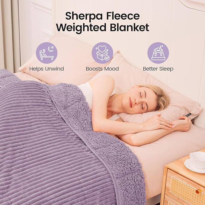 Sherpa Fleece Weighted Blanket with Ribbed Stripes for Adults, 15 lbs Dual Sided Cozy Warm Blanket for Couch Full Size Bed, Glass Beads Heavy Thick Blankets Great for Sleep, Light Purple, 60" x 80"