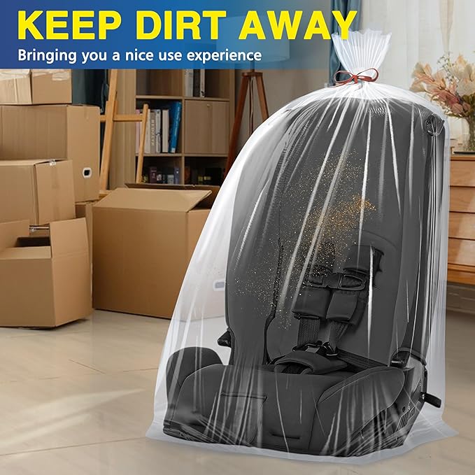 Extra Large Clear Plastic furniture Bags, 2 Mil Storage Bags Ideal for Car Seats, Suitcases, Strollers, Small Bikes, Attic Storage, Clothes, Xmas Trees, 5 Pack with 5 Ties, 40'' x 58''
