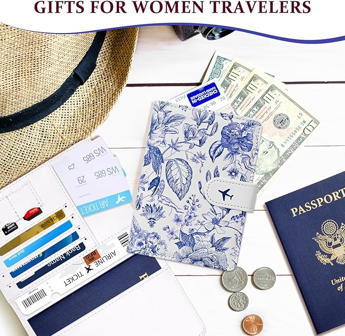 COSHAYSOO Personalized RFID Passport Holder for Travel Women Passports Cover Case Air Essentials Airplane Flight Accessories Airline Plane Flying Must Haves Christmas Gifts for Woman Travelers Blue