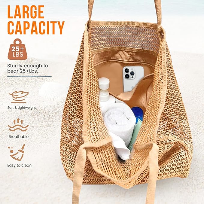 Large Beach Bags for Women, Mesh Beach Tote with Zipper, Foldable Pool Tote Bag Travel Beachbag Waterproof Sandproof