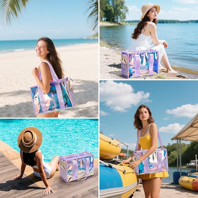 Bagstellar Iridescent Beach Tote Bags for Women, Large Zipper Beach Pool Swim Bag with Makeup Bag & Waterproof Phone Pouch | Waterproof Sandproof, Adjustable Strap, Packable, Foldable, Travel Tote Bags, Vacation Essentials, Gift for Women