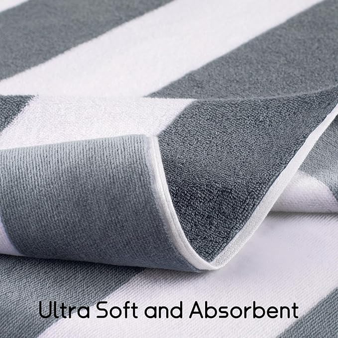 cabanana Large Oversized Beach Towel - 35 x 70 Inch Cotton Pool Towel, Gray Striped Soft Cabana Swim Towel