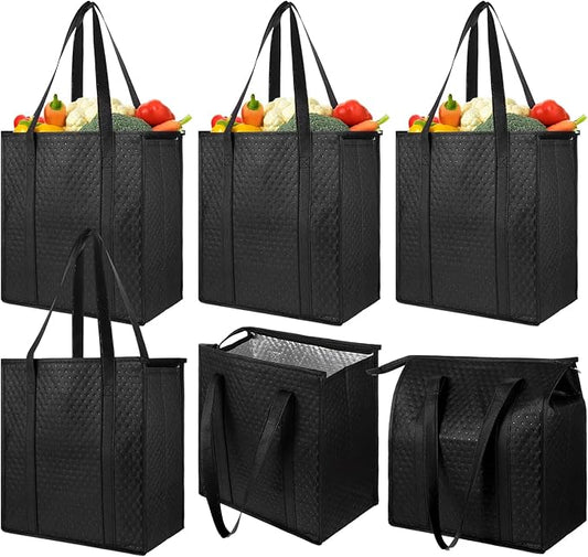 6 Pcs Insulated Grocery Bags Large Reusable Insulated Cooler Bags with Zipper Top Shopping Totes for Hot or Cold Food